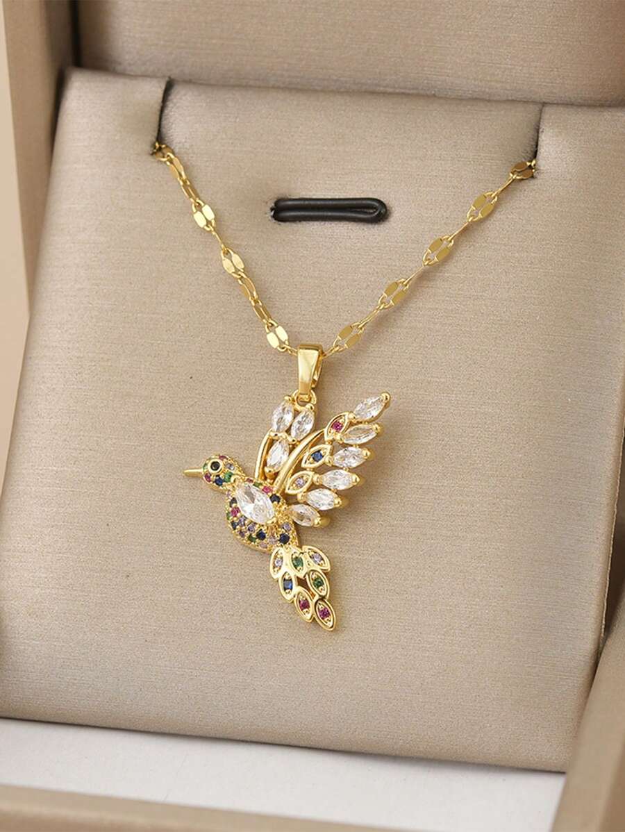 1pc Stainless Steel Bird & Rhinestone Decor Necklace For Women, Holiday Gift - Yellow Gold - View 1