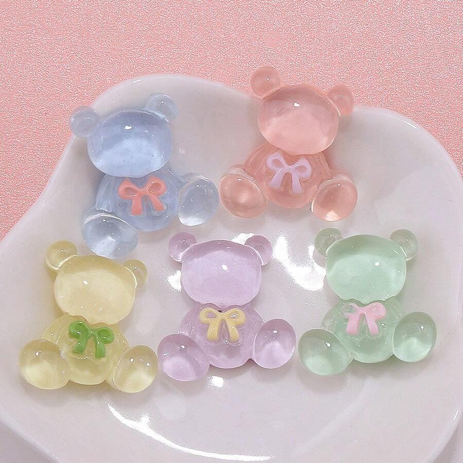 10pcs 5 Color Cute Transparent Bear Shape Diy Resin Plastic Hair Accessories Summer, School - Multicolor - View 1