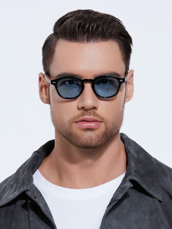 1 Pair Men's Retro PC Frame Oval Small Blue Fashion Glasses, Suitable For Outdoor And Daily Use