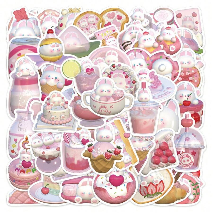 50入組/包3d粉色布丁兔貼紙 - 可愛卡通甜點、零食美學標籤,適合製作手帳、自黏封口貼紙適用於文具卡片和信封 - 非常適合作為兒童禮物、青少年派對用品和激勵獎勵 - 彩色 - 查看 1