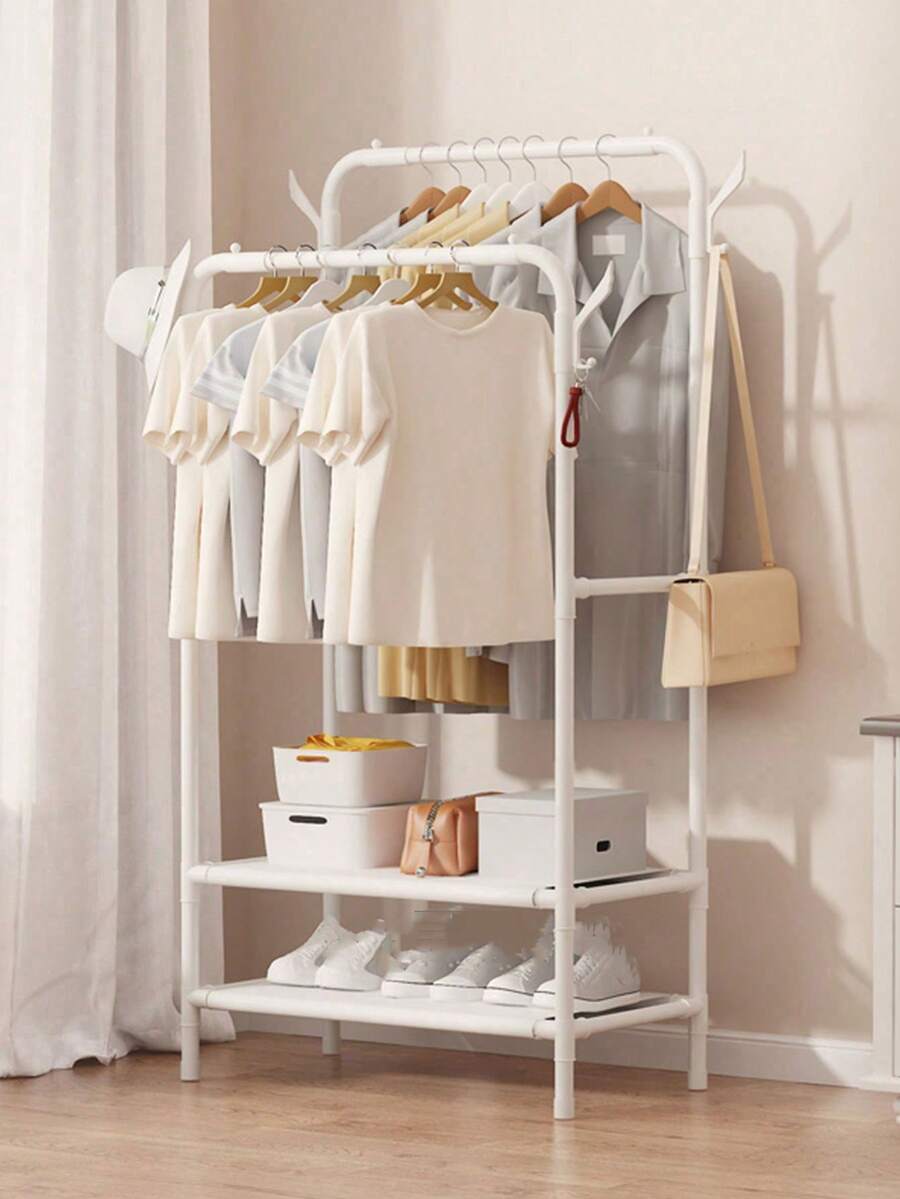 1件多功能落地多層衣帽架,加厚加寬鞋架,適合放鞋/掛衣服,材質：16mm鍍鋅管+不織布+塑膠配件 - 白色 - 查看 1
