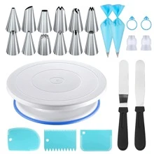 24pcs Stainless Steel Piping Tips Cake Turntable Set, Including 12 Piping Tips, 1 Cake Turntable, 2 Reusable Piping Bags, 2 Silicone Rings, 2 Converters, 2 Cream Scrapers, 3 Cream Scraper Patterns, For Cake Decorating And Baking, Creams, Biscuits, And Kitchen Gadgets - 24pcs - View 9