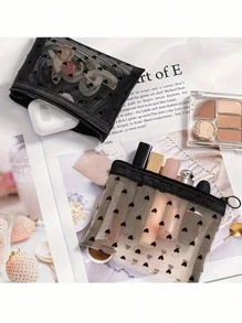 2pcs Mesh Heart Cosmetic Bag, Portable Zipper Toiletry Organizer, Perfect Coin Bag Carry-On Storage Bag,Especially Suitable For Travel Storage, Mini Heart Pattern Storage Bag, Random Printing Makeup Organiser, Cosmetic Bag