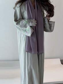 1 cái Thanh lịch và Khiêm tốn Tay thêu Mở Cardigan Áo choàng dài Khăn choàng Hijab, Thích hợp để mặc hàng ngày và lễ hội - màu xanh lá - Xem 1