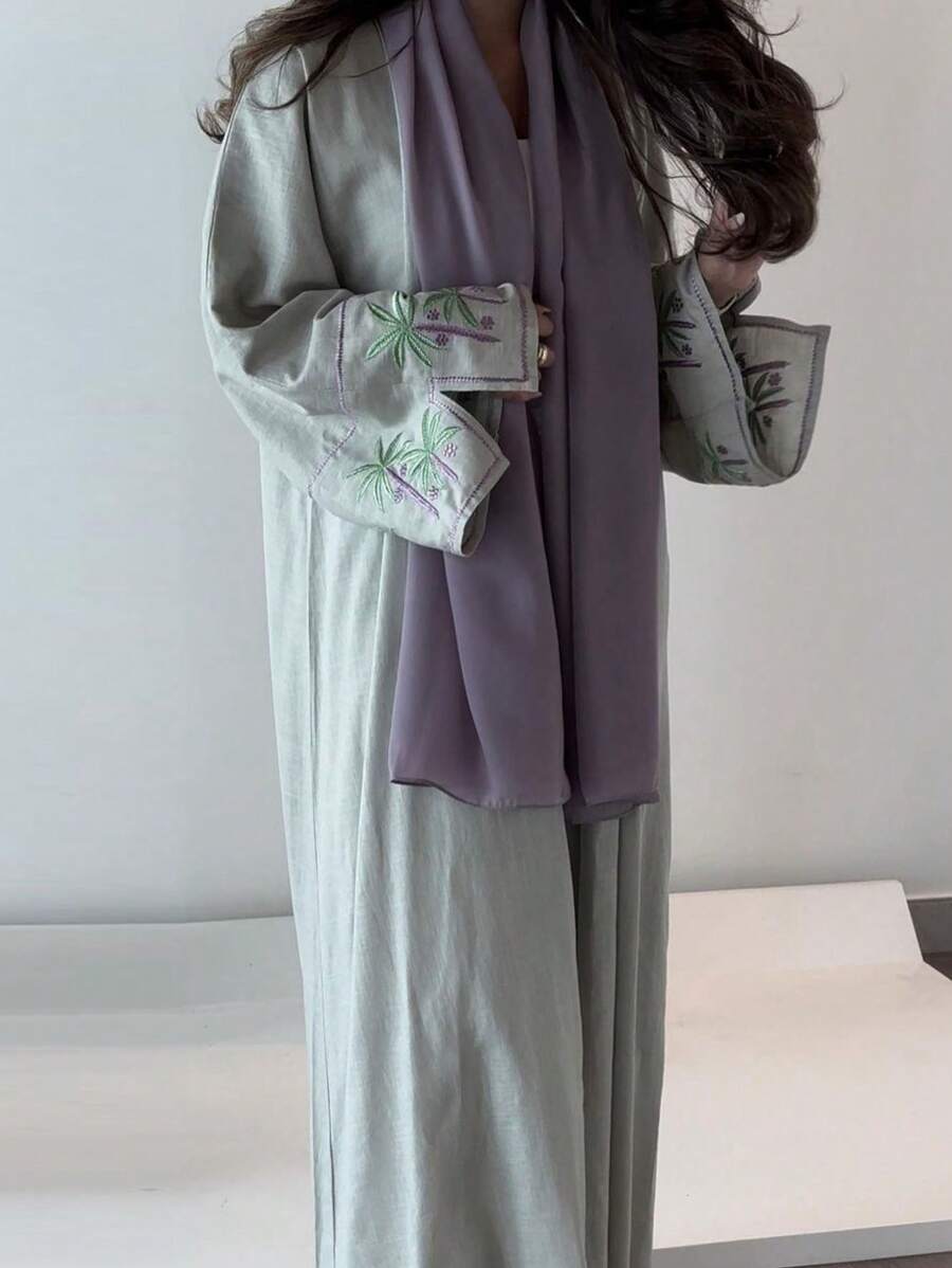 1 cái Thanh lịch và Khiêm tốn Tay thêu Mở Cardigan Áo choàng dài Khăn choàng Hijab, Thích hợp để mặc hàng ngày và lễ hội - màu xanh lá - Xem 1