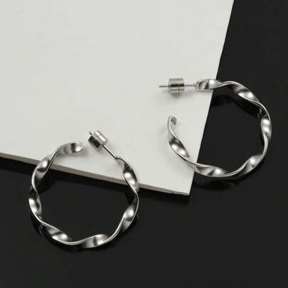 1pair Hiphop Styles Knotted Stainless Steel Wire Hoop For Men And Women