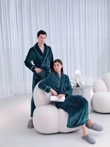 男士加厚法兰绒长款系带浴袍，撞色披肩领长款毛绒浴袍，适合情侣，秋冬季穿着，蓬松舒适