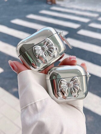 1pc 3D Cool Electroplated Silver Bow Earphone Case Compatible With Apple Pro2, Protective Cover For Apple 1/2/3/Pro
