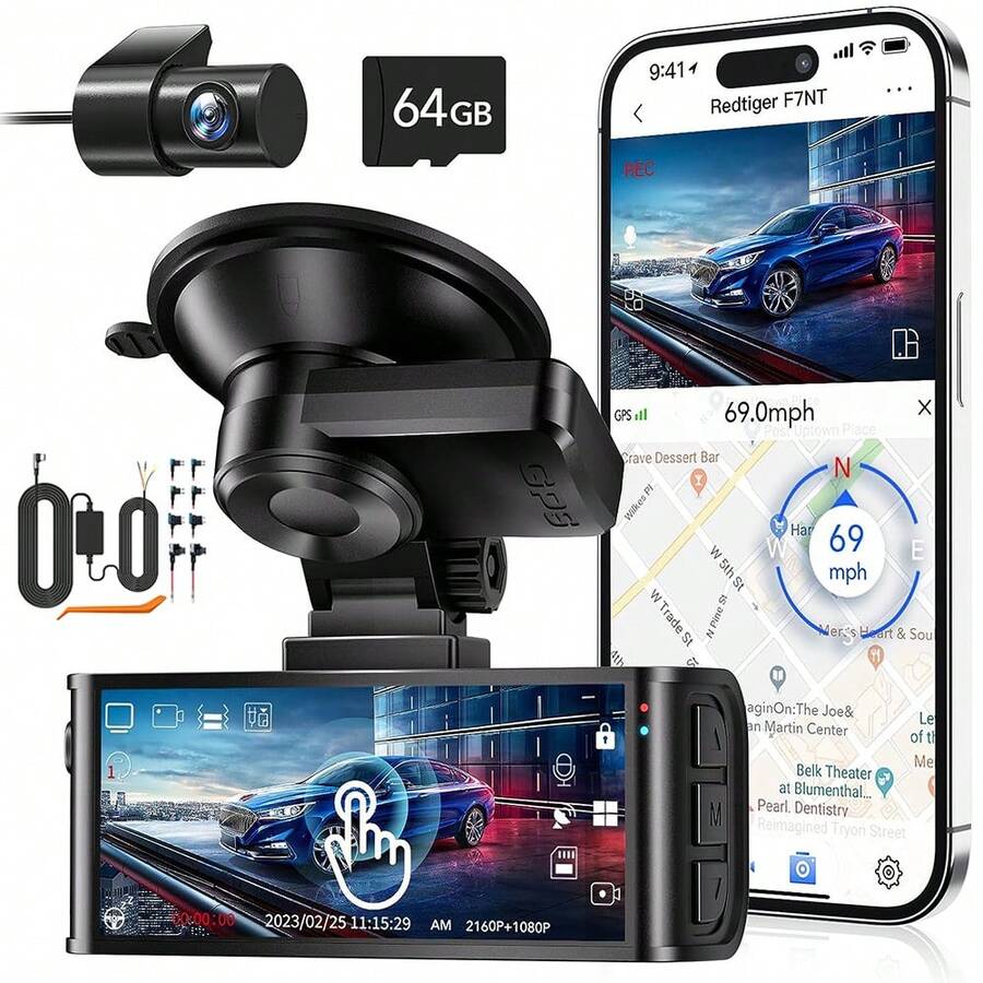 [ F7N Touch+Hardwire Kit ]REDTIGER 4K Dash Cam Front And Rear, Touch Screen 3.18 Inch, Free 64GB Card, Car Dash Camera Built-In WiFi GPS, UHD 2160P Night Vision, WDR, Parking Monitor - Black - View 1