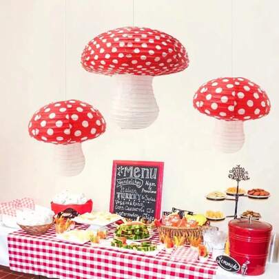 3 قطع فوانيس ورقية على شكل فطر كبير (12 بوصة) و صغير جداً (8 بوصة * 2 قطعة) للزينة في حفلة عيد ميلاد ذات موضوع الغابة الساحرة، زينة حفلة الاستحمام والزفاف