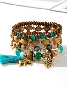 4入組波西米亞風格木珠和壓克力珠混搭吊墜彈性手鍊,帶華麗大象、葉子和流蘇,適用於女性 - 彩色 - 查看 17