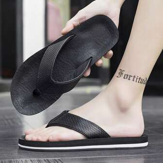 Men's Slip Resistant Thick Sandals, Round Toe, Large Size, Thick Sole, Indoor & Outdoor Bathroom Slippers, Beach Flip Flops For Young Adults, Black