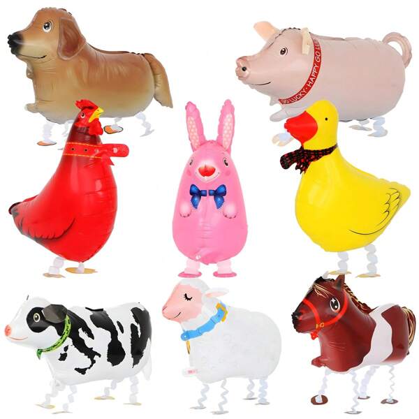 8 Peças Balão de Animais Andantes para Decoração de Festa de Aniversário com Tema Fazenda, com Design de Cachorro, Vaca, Porco e Galinha, Natal