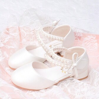 Zapatos de princesa para niñas, zapatos blancos/rosados con tacón alto y perlas para niños mayores primavera/verano