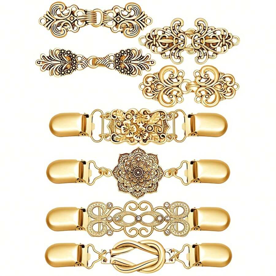 1pc Vintage Sweater Shawl Pin, Metal Dress Cardigan Brooch, Flower Pattern Collar Clip, Brooch Accessory - E - View 1