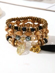 4入組波西米亞風格木珠和壓克力珠混搭吊墜彈性手鍊,帶華麗大象、葉子和流蘇,適用於女性 - 彩色 - 查看 16