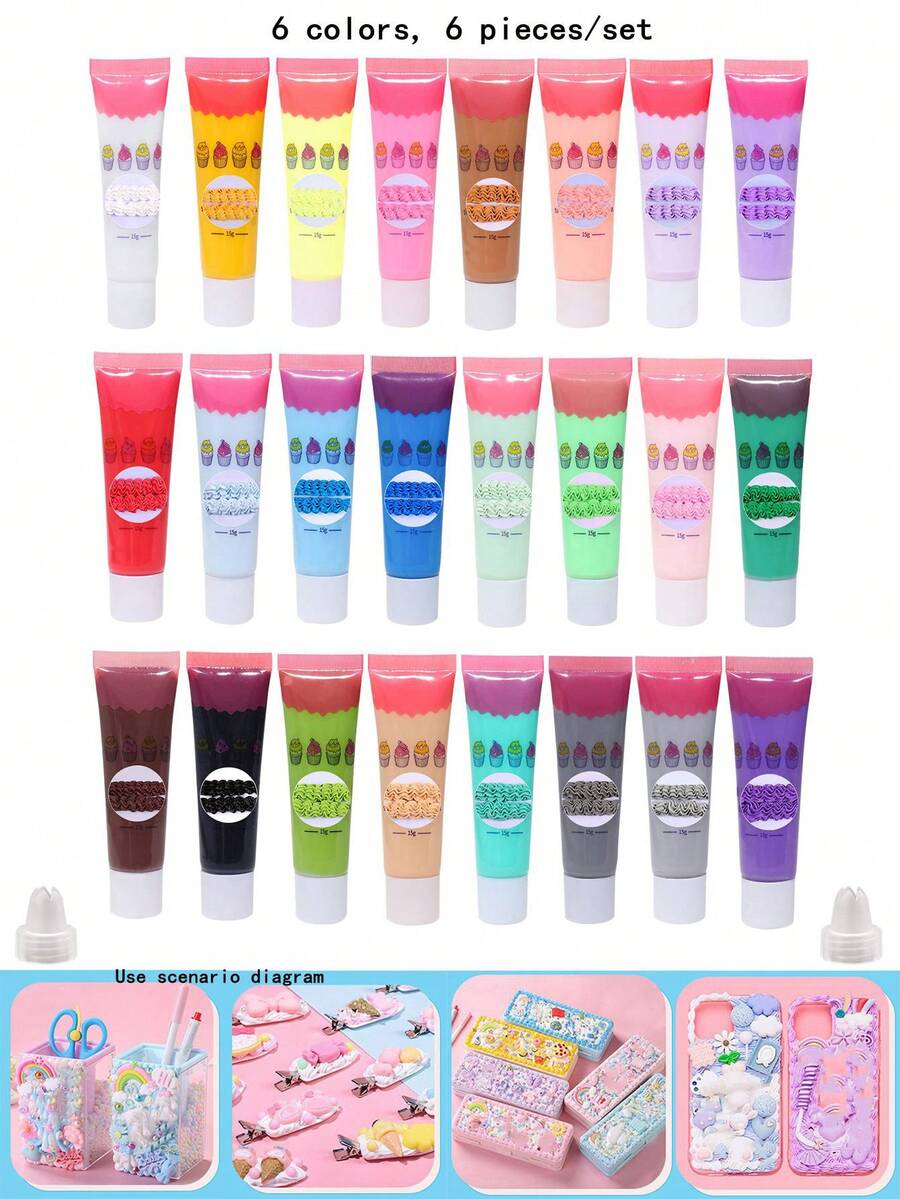 6入組,15ml合成樹脂材質奶油黏土,共有24種顏色,適用於diy髮夾,手機殼,筆筒,文具盒,梳子,禮品等,是日常手工藝品的理想選擇 - 彩色 - 查看 1