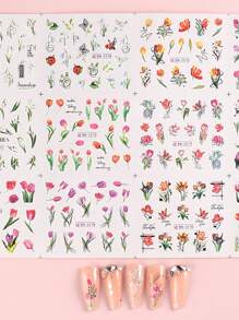 1入組12款水彩鬱金香花葉美甲水貼紙，多彩浪漫春季綻放的花卉美甲貼紙之水轉印指甲油膠條裝飾（不含黏性）DIY