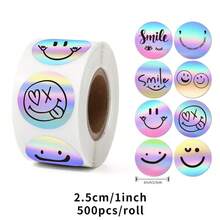 500入組/卷彩虹激光貼紙膠帶,pvc黏合材料圓形密封貼紙,微笑臉設計適用於裝飾水瓶、手機殼、電腦、滑板、筆記本和其他光滑表面展現個性 - 彩色 - 查看 2