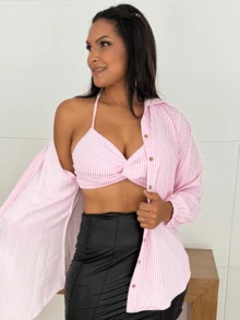 Women Blouses - 粉紅色條紋 - 查看 6