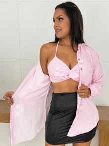 Women Blouses - 粉紅色條紋 - 查看 3