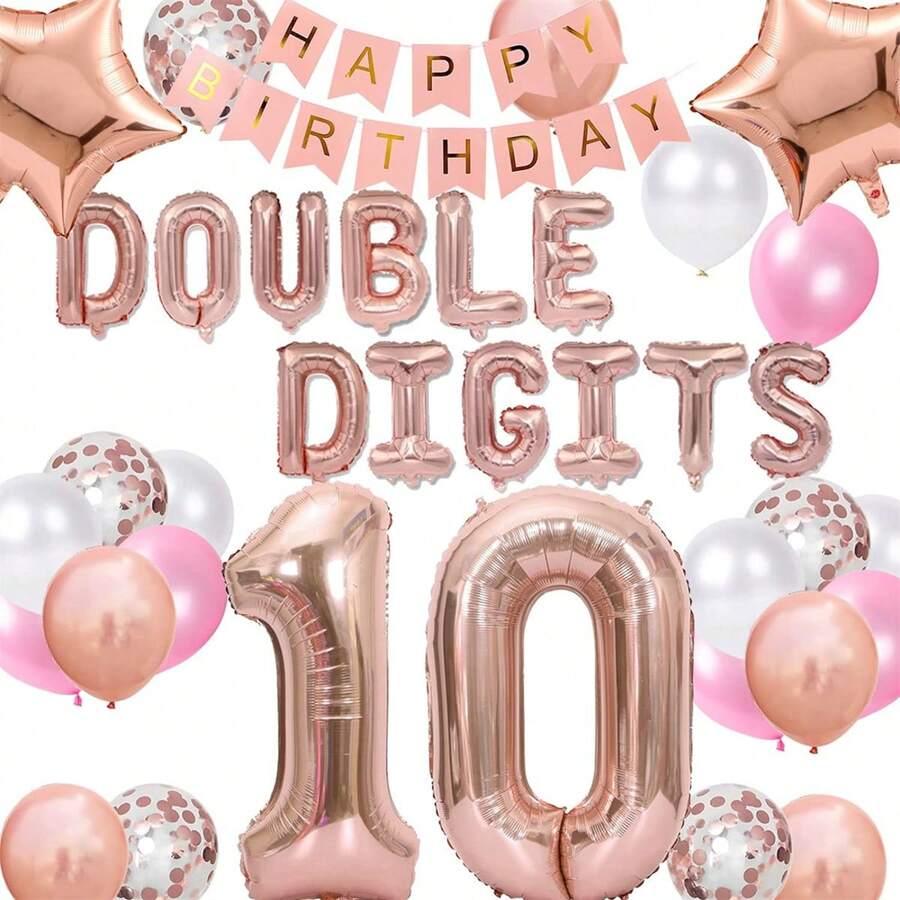 37 piezas Decoraciones para el 10° cumpleaños en rosa dorado para niñas, globos con dígitos dobles de 10, pancarta de feliz cumpleaños con globos de estrella dorada, globos de confeti para niñas de 10 años, Navidad - Rosa Pálido - Ver 1