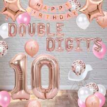37 piezas Decoraciones para el 10° cumpleaños en rosa dorado para niñas, globos con dígitos dobles de 10, pancarta de feliz cumpleaños con globos de estrella dorada, globos de confeti para niñas de 10 años, Navidad - Rosa Pálido - Ver 2