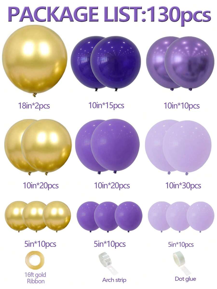 130pcs Purple Balloon Garland Kit, Purple And Gold Balloons Decorations
