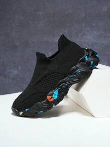 儿童鞋、儿童运动鞋、儿童平底鞋、男童运动鞋、女童运动鞋、中性童靴、童靴、中性童鞋、冬季休闲一脚蹬、针织透气儿童运动鞋、随机迷彩图案平底鞋、舒适防滑跑步鞋 - 黑色 - 查看 5