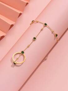 1 Stück stilvoller Edelstahl grüner Diamant-Herz-Ring & Finger Kette Armband Set, luxuriöser eleganter Party Feier Schmuck Accessoire für Frauen