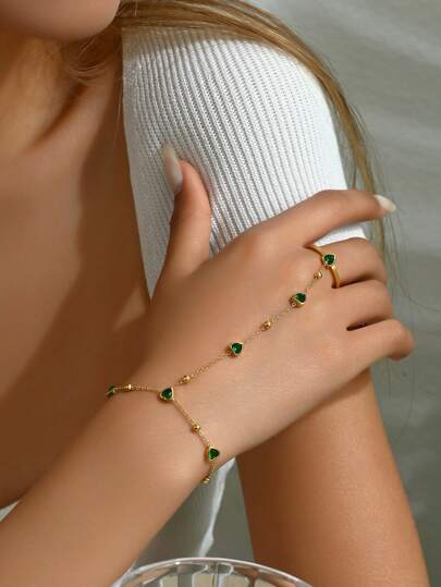 1 件时尚不锈钢绿钻心形戒指和手指链手链套装，奢华优雅派对庆典珠宝配饰，适合女士