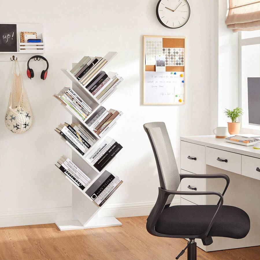 VASAGLE Bibliothèque, Étagère à 8 Niveaux, Meuble de Rangement, en Forme d'Arbre, pour Salon, Bureau, Chambre, Marron Rustique/ Blanc - Blanc - Voir 1