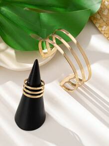 1 Set Di Braccialetto Con Anello Di Linea Cava In Metallo Alla Moda Personalizzato Per Donne, Regalo Per Le Vacanze - Oro giallo - Visualizzare 4