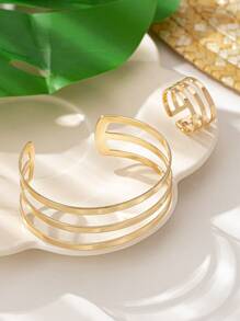 1 Set Di Braccialetto Con Anello Di Linea Cava In Metallo Alla Moda Personalizzato Per Donne, Regalo Per Le Vacanze - Oro giallo - Visualizzare 2