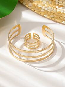 1 Set Di Braccialetto Con Anello Di Linea Cava In Metallo Alla Moda Personalizzato Per Donne, Regalo Per Le Vacanze - Oro giallo - Visualizzare 3