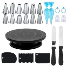 24pcs Stainless Steel Piping Tips Cake Turntable Set, Including 12 Piping Tips, 1 Cake Turntable, 2 Reusable Piping Bags, 2 Silicone Rings, 2 Converters, 2 Cream Scrapers, 3 Cream Scraper Patterns, For Cake Decorating And Baking, Creams, Biscuits, And Kitchen Gadgets - 24pcs - View 13