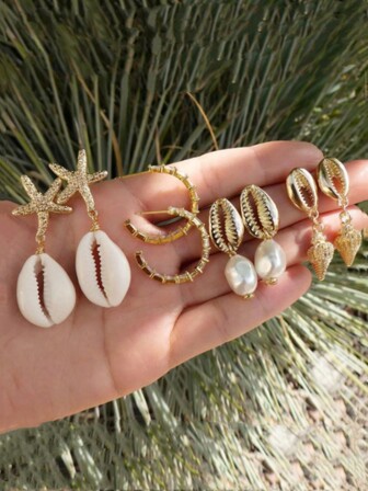 8 件波西米亚风格耳环套装，带贝壳、不对称珍珠、海螺和海星图案，适合女士度假和日常佩戴
