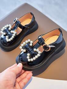 1 Paar Schwarze Handgemachte Mädchen Schuhe Mit Perlen Und Schleife, Rutschfeste Gummisohle Mit Spiegel Pu, Liebliches Prinzessinenschuh, Geeignet Für Mädchen Von 3-9 Jahren, Frühlingskleidung