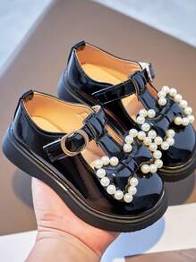 1 Paar Schwarze Handgemachte Mädchen Schuhe Mit Perlen Und Schleife, Rutschfeste Gummisohle Mit Spiegel Pu, Liebliches Prinzessinenschuh, Geeignet Für Mädchen Von 3-9 Jahren, Frühlingskleidung