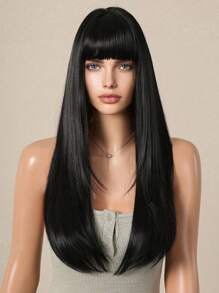 26 英寸长直发自然黑色假发带刘海耐热合成假发适合女士日常派对角色扮演使用