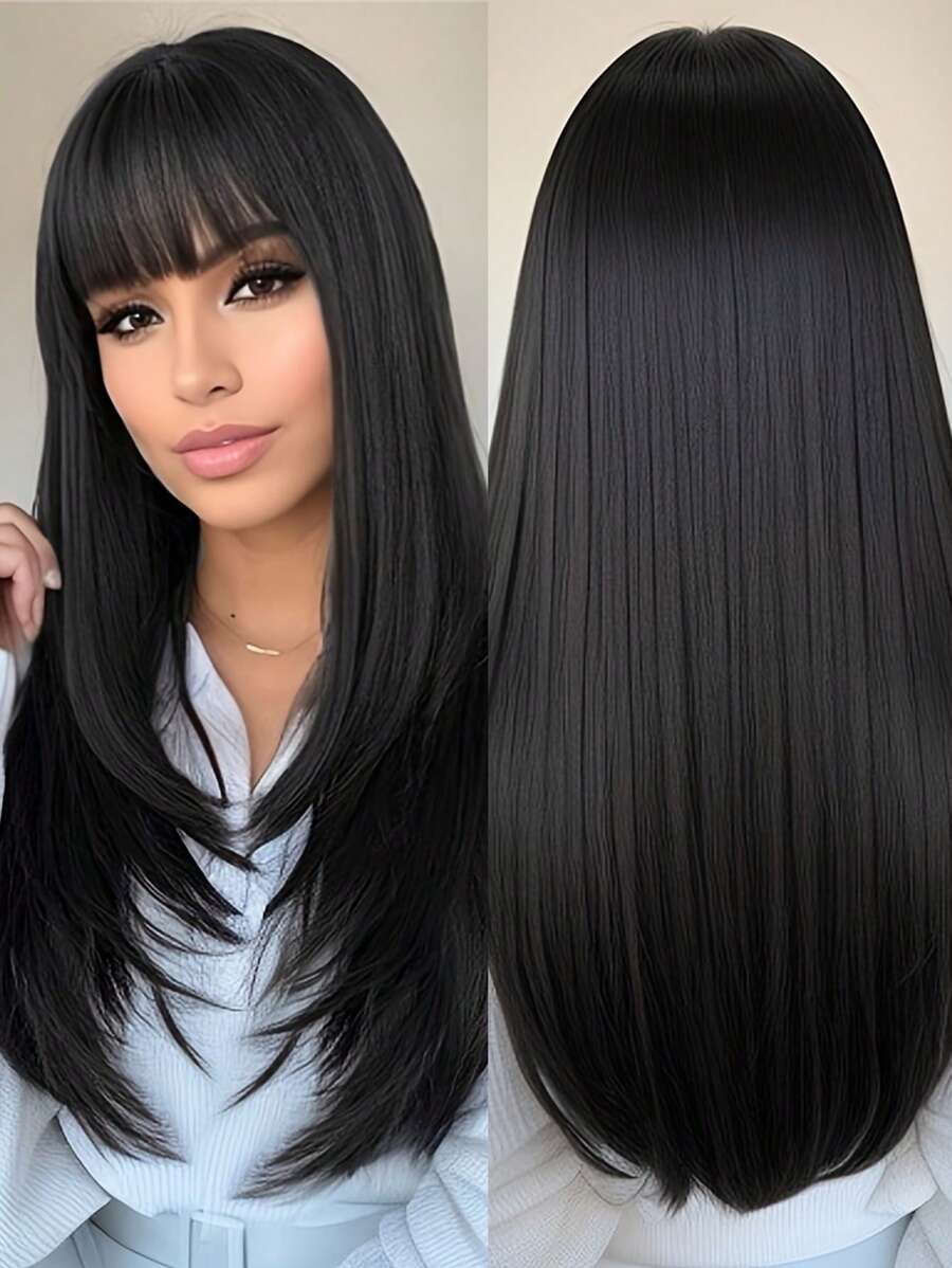 26 Inch Long Straight Natural Black Wig With Bangs Heat Resistant Synthetic Hair Wig For Women Daily Party Cosplay Use - 黑色 - 查看 1