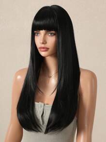 26 英寸长直发自然黑色假发带刘海耐热合成假发适合女士日常派对角色扮演使用