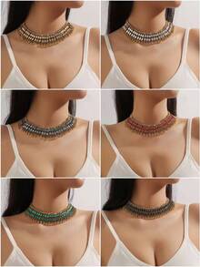 3入組金屬鏈扇形吊墜,鑲嵌雙排鑽石裝飾的女性豪華時尚珠寶套裝 - 項鍊耳飾套裝 - 查看 1