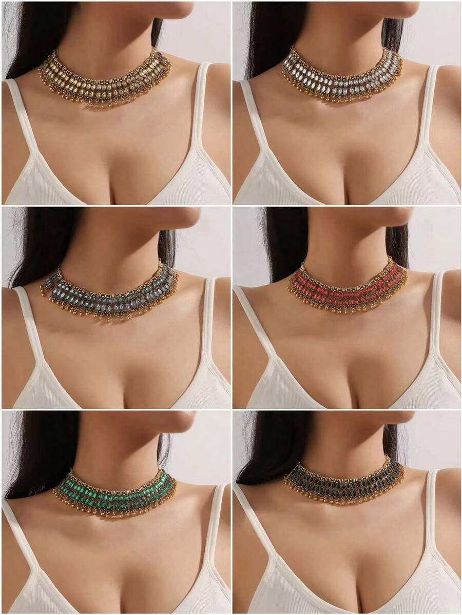 3入組金屬鏈扇形吊墜,鑲嵌雙排鑽石裝飾的女性豪華時尚珠寶套裝 - 項鍊耳飾套裝 - 查看 1