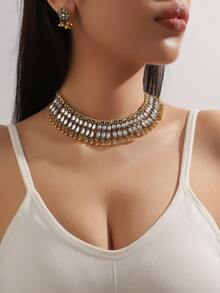 3入組金屬鏈扇形吊墜,鑲嵌雙排鑽石裝飾的女性豪華時尚珠寶套裝 - 項鍊耳飾套裝 - 查看 2