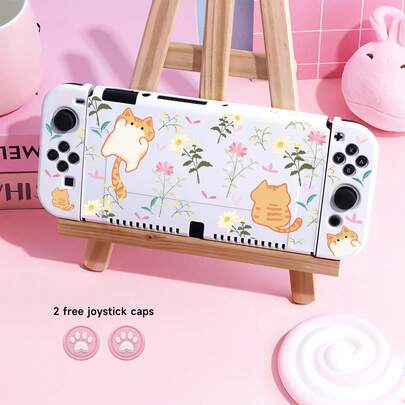 1个白色虎斑猫&花朵图案TPU保护壳，附赠2个随机摇杆帽，兼容Switch2/Switch/OLED/Lite，新款Switch2（2025）不含摇杆帽