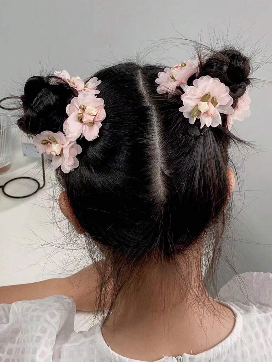 2 Miếng Kẹo màu Hai Lớp Chiffon Hoa Băng tóc Bộ Với Thủ công Keo dính Hoa Đồ trang trí Đối với Trẻ em - Hồng - Xem 1