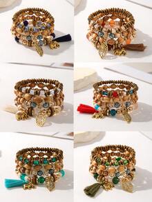 4入組波西米亞風格木珠和壓克力珠混搭吊墜彈性手鍊,帶華麗大象、葉子和流蘇,適用於女性 - 彩色 - 查看 10