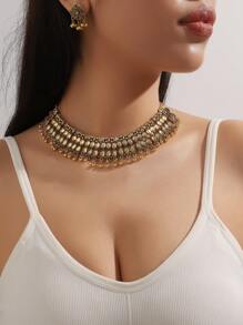 3入組金屬鏈扇形吊墜,鑲嵌雙排鑽石裝飾的女性豪華時尚珠寶套裝 - 項鍊耳飾套裝 - 查看 10