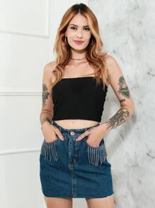 Women Denim Skirts - 深色水洗藍 - 查看 5